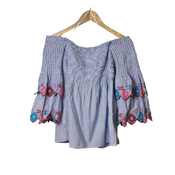 Ann Taylor LOFT Off Shoulder Blue Smocked Embroidered Top Size Large Petite - Picture 5 of 12